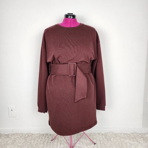 Topshop Brown Cotton Belted Sweatshirt Dress Round Neck Long Sleeve Size 10 - Picture 11 of 11
